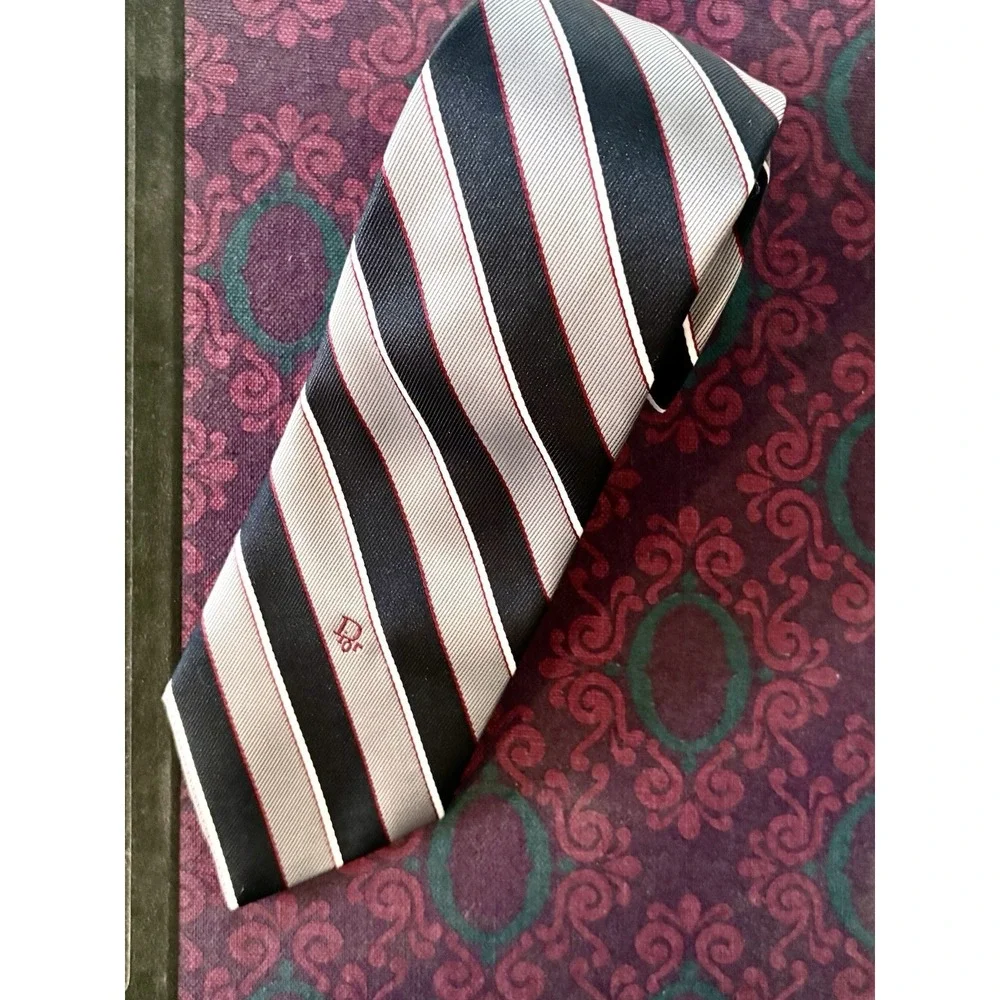 Vintage Christian Dior Paris New York Silk Tie Black Gray Red Stripe Logo EUC